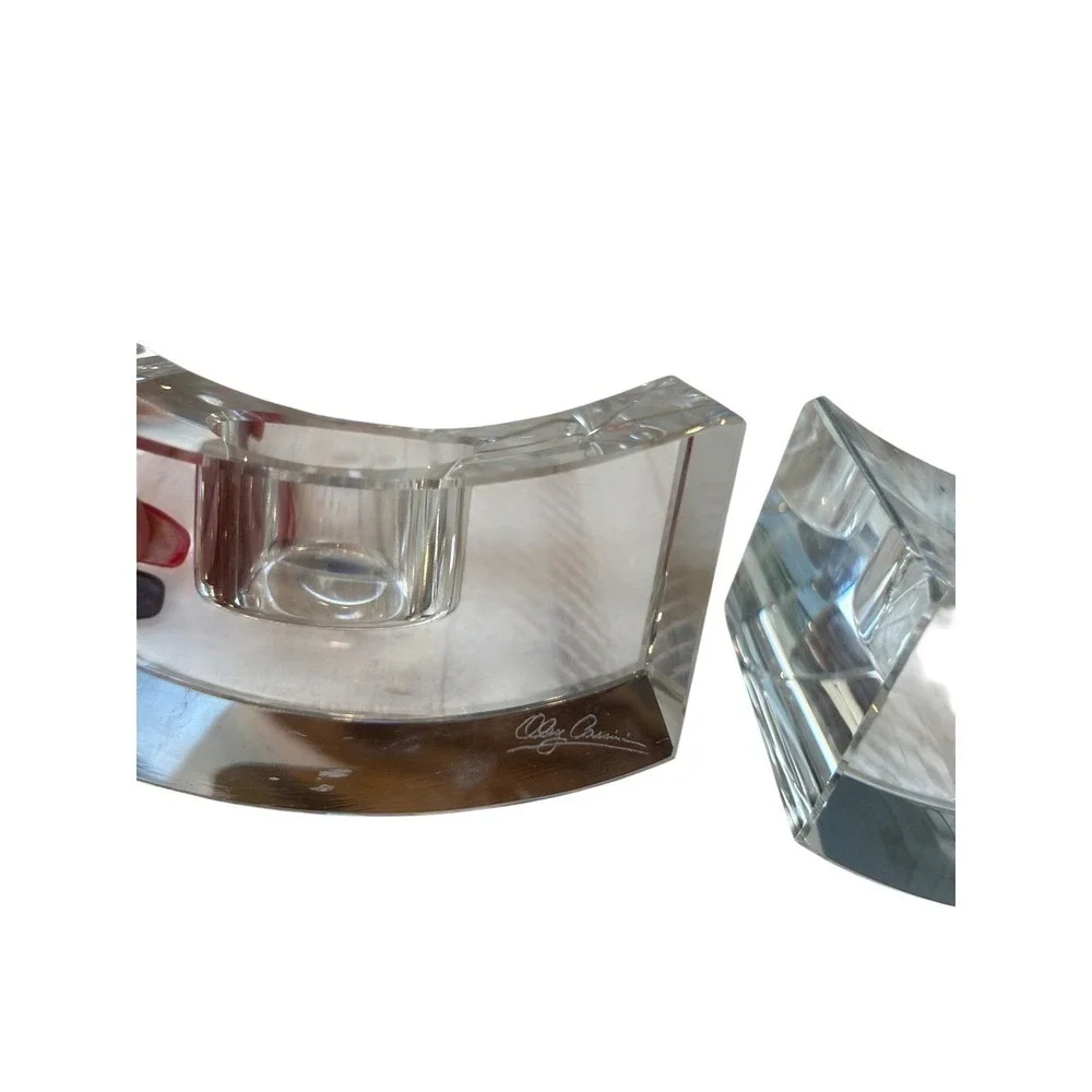 Oleg Cassini Crystal Candle‎ Holders Pair Signed Clear Glass Bridge Crescent MCM